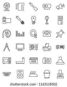 thin line vector icon set - bucket vector, iron, colander, measuring cup, skimmer, spatula, microwave oven, corner ruler, drawing compass, punching bag, oxygen, cinema clap, loudspeaker, equalizer