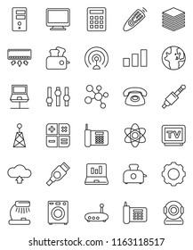 thin line vector icon set - atom vector, table lamp, world, laptop graph, molecule, phone, sorting, antenna, settings, tv, remote control, hdmi, jack, notebook network, big data, server, gear