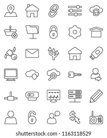thin line vector icon set - pencil vector, dollar cursor, map pin, satellite, dry cargo, speaking man, link, diagnostic monitor, connect, network folder, server, cloud glass, shield, exchange, gear