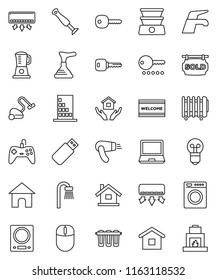 thin line vector icon set - plunger vector, water tap, vacuum cleaner, welcome mat, house hold, key, sold signboard, bath, building, home, password, washer, blender, kitchen scales, hair dryer, bulb