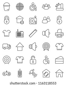 thin line vector icon set - bucket vector, cake, ruler, target, arrow up, t shirt, radio, satellitie, speaker, remote control, group, disabled, lock, unlock, smart home, cashbox, delivery, clothes