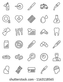thin line vector icon set - flask vector, pills vial, heart monitor, cross, oxygen, doctor, thermometer, gender sign, magnifier, insemination, dropper, crutches, scalpel, broken bone, blister, ovule