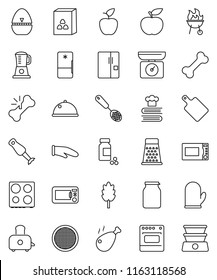 thin line vector icon set - cook glove vector, timer, skimmer, cutting board, grater, toaster, microwave oven, cookbook, blender, bbq, sieve, dish, jar, cereal, chicken leg, apple fruit, diet, bone