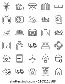 thin line vector icon set - cottage vector, chalet, pond, mailbox, windmill, water supply, fruit tree, mountain, garage, fence, plan, estate document, office building, washer, relocation truck, tv
