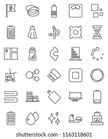 thin line vector icon set - cleaner trolley vector, towel, shining, window cleaning, cutting board, hand mill, sand clock, dollar flag, any currency, cent sign, scales, water bottle, hoop, route