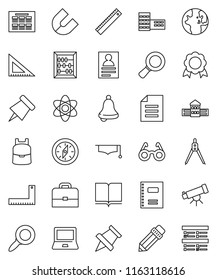 thin line vector icon set - book vector, copybook, graduate hat, pencil, school building, corner ruler, drawing compass, glasses, case, backpack, atom, telescope, bell, notebook pc, schedule, medal