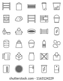 thin line vector icon set - bucket vector, trash bin, garbage pile, measuring cup, sieve, jar, enegry drink, water bottle, sea container, port, wood box, consolidated cargo, package, oil barrel