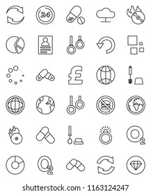 thin line vector icon set - toilet brush vector, world, personal information, pie graph, pound, pills, no fastfood, gymnast rings, oxygen, earth, music hit, cloud network, refresh, undo, loading