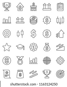 thin line vector icon set - graduate hat vector, clipboard, award cup, certificate, graph, japanese candle, money bag, dollar growth, bank building, target, medal, sign, stairways run, top, coin