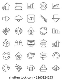 thin line vector icon set - graph vector, crisis, percent growth, dollar, target, arrow down, signpost, top sign, package, sorting, backward button, cloud exchange, refresh, redo, undo, upload