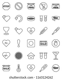 thin line vector icon set - sieve vector, heart pulse, prohibition sign, no alcohol, cross, attention, glass, rec button, thermometer, vial, undo, stop, sale signboard, low price, love home, new