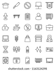 thin line vector icon set - shining vector, washer, cleaner woman, knife, case, check, man, dollar flag, calendar, monitor, clipboard, pills vial, horizontal bar, water bottle, cereals, no alcohol