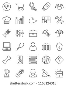 thin line vector icon set - cleaner woman vector, cook hat, rolling pin, chicken leg, book, case, bone, consolidated cargo, umbrella, satellitie, settings, equalizer, internet, notebook pc, link