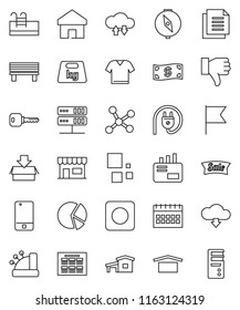 thin line vector icon set - schedule vector, compass, flag, pie graph, calendar, document, dry cargo, weight, mobile phone, finger down, rec button, network, server, cloud exchange, home, bench, key