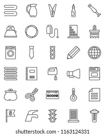 thin line vector icon set - water tap vector, clothespin, towel, washer, kettle, mixer, jug, oil, copybook, pencil, scissors, document, bank building, dollar flag, tie, hoop, traffic light, globe