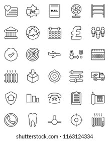 thin line vector icon set - bank vector, target, man, calendar, pound, clipboard, heart monitor, plane, phone, package, sorting, protected, route, shelving, internet, tooth, connect, disconnection