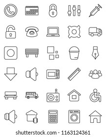 thin line vector icon set - bucket vector, pen, ruler, notebook pc, school bus, calculator, arrow down, any currency, calendar, radio, speaker, settings, group, rec button, disabled, syringe, bench