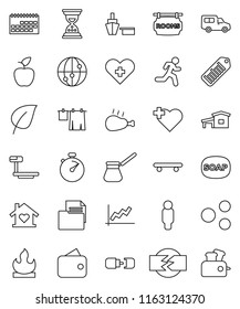 thin line vector icon set - soap vector, drying clothes, turk coffee, chicken leg, apple fruit, leaf, graph, man, sand clock, stopwatch, skateboard, heart cross, run, car, calendar, port, document