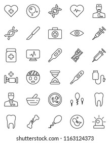 thin line vector icon set - heart pulse vector, first aid kit, cross, doctor, thermometer, eye, dna, pregnancy, syringe, crutches, scalpel, broken bone, sand clock, pills bottle, mortar, microbs