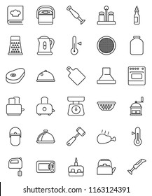 thin line vector icon set - camping cauldron vector, kettle, colander, scales, meat hammer, cutting board, hand mill, grater, mixer, toaster, cookbook, spices, thermometer, sieve, dish, jar, steak