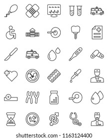 thin line vector icon set - school building vector, heart cross, disabled, doctor, thermometer, vial, gender sign, pregnancy, insemination, dropper, scalpel, sand clock, patch, stethoscope, pills