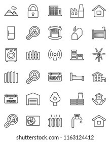 thin line vector icon set - house hold vector, cottage, windmill, water supply, fruit tree, mountain, barn, fence, rent signboard, low price, apartments, search estate, client, lock, crib, washer