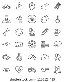 thin line vector icon set - doctor bag vector, ambulance star, disabled, heart pulse, cross, thermometer, flask, eye, gender sign, pregnancy, syringe, crutches, broken bone, patch, pills, hat, head