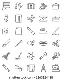 thin line vector icon set - rake vector, car fetlock, iron, steaming, pan, measuring cup, cook press, spatula, meat hammer, cutting board, sieve, pen, drawing compass, scissors, first aid kit