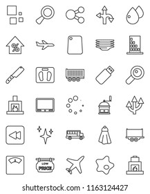 thin line vector icon set - towel vector, shining, splotch, plates, knife, cutting board, hand mill, school bus, percent growth, scales, route, plane, truck trailer, backward button, magnifier, tv