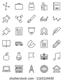 thin line vector icon set - book vector, copybook, pen, university, pencil, drawing compass, glasses, student, case, backpack, apple fruit, notebook pc, paper pin, medal, magnet, school bus, music