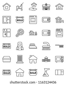 thin line vector icon set - plunger vector, cleaner trolley, fetlock, sponge, shining window, house hold, woman, microwave oven, university, school building, home, cottage, chalet, plan, sold, iron