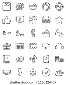 thin line vector icon set - plates vector, steak, pen, university, school building, student, monitor dollar, scales, calendar, cereals, no smoking, port, hook, protected, headphones, finger up, star