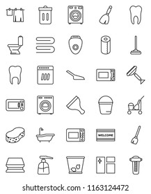 thin line vector icon set - scraper vector, cleaner trolley, broom, mop, scoop, bucket, sponge, towel, trash bin, window cleaning, welcome mat, bath, toilet, drying clothes, washer, liquid soap
