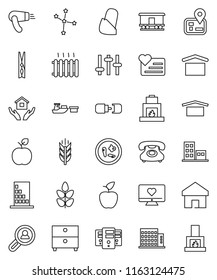 thin line vector icon set - clothespin vector, house hold, apple fruit, archive, constellation, cereals, heart monitor, navigator, phone, port, dry cargo, Railway carriage, settings, microbs, server