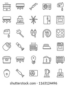 thin line vector icon set - vacuum cleaner vector, kettle, mixer, oven, blender, rca, windmill, air conditioner, ari condition, fridge, power plug, iron, multi cooker, epilator, double boiler, bulb