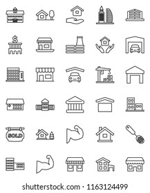 thin line vector icon set - house hold vector, skimmer, university, school building, bank, muscule hand, office, dry cargo, warehouse, hospital, cottage, chalet, garage, sold signboard, apartments
