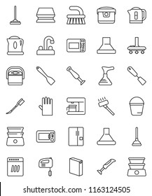 thin line vector icon set - plunger vector, vacuum cleaner, fetlock, mop, bucket, sponge, car, washing powder, rubber glove, water tap, spatula, double boiler, fridge, dishwasher, mixer, hood