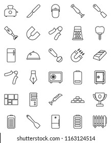 thin line vector icon set - camping cauldron vector, spatula, ladle, grater, blender, dish, pen, award cup, magnet, gold ingot, safe, hand trainer, consolidated cargo, battery, scalpel, fridge