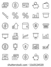 thin line vector icon set - presentation vector, dollar coin, graph, laptop, credit card, wallet, crisis, piggy bank, growth, check, board, medal, shield, percent, receipt