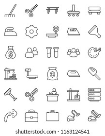 thin line vector icon set - scraper vector, vacuum cleaner, rake, iron, steaming, student, case, money bag, horizontal bar, big scales, group, vial, scissors, data, gear, bench, construction crane