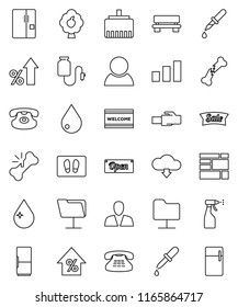 thin line vector icon set - water drop vector, welcome mat, sprayer, percent growth, consolidated cargo, sorting, classic phone, dropper, broken bone, counter, network folder, lan connector, bench