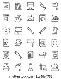 thin line vector icon set - washer vector, washing powder, mixer, double boiler, blender, tomography, gear, construction crane, card reader, dishwasher, coffee maker, meat grinder, sewing machine
