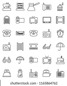 thin line vector icon set - washboard vector, kettle, hand mill, turk coffee, glasses, alarm clock, abacus, phone, umbrella, film frame, radio, tv, classic, closed, video camera, sewing machine