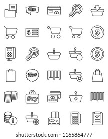 thin line vector icon set - dollar coin vector, cart, credit card, stack, receipt, estate document, search, new, shopping bag, buy, barcode, reader, basket, list