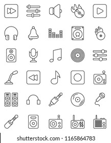 thin line vector icon set - bell vector, music, disk, hit, radio, speaker, equalizer, microphone, headphones, play button, forward, backward, rec, jack