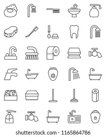 thin line vector icon set - soap vector, water tap, fetlock, mop, sponge, car, bath, toilet brush, liquid, paper, shower, sink, tooth, epilator