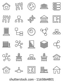 thin line vector icon set - molecule vector, bank, building, hierarchy, dna, chromosomes, ovule, connect, big data, plan, apartments, office, home