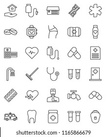 thin line vector icon set - rake vector, water tap, house hold, heart pulse, buttocks, pills, monitor, first aid kit, ambulance star, vial, crutches, stethoscope, bottle, blister, anamnesis, tooth