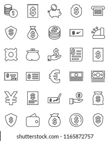 thin line vector icon set - dollar coin vector, cash, money bag, piggy bank, investment, stack, check, receipt, shield, any currency, euro sign, yen, wallet, cashbox