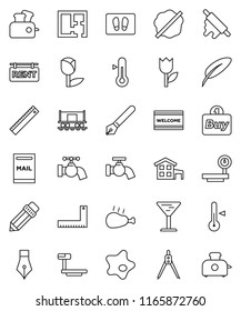 thin line vector icon set - water tap vector, splotch, welcome mat, rolling pin, thermometer, chicken leg, pen, pencil, corner ruler, drawing compass, Railway carriage, glass, tulip, big scales, buy